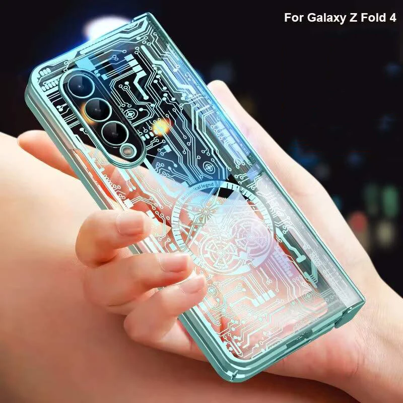 For Samsung Galaxy Z Fold 6 5 4 3 2 Case Mechanical Hinge Plating Clear Transparent Full Protector Tempered Film Folding Cover