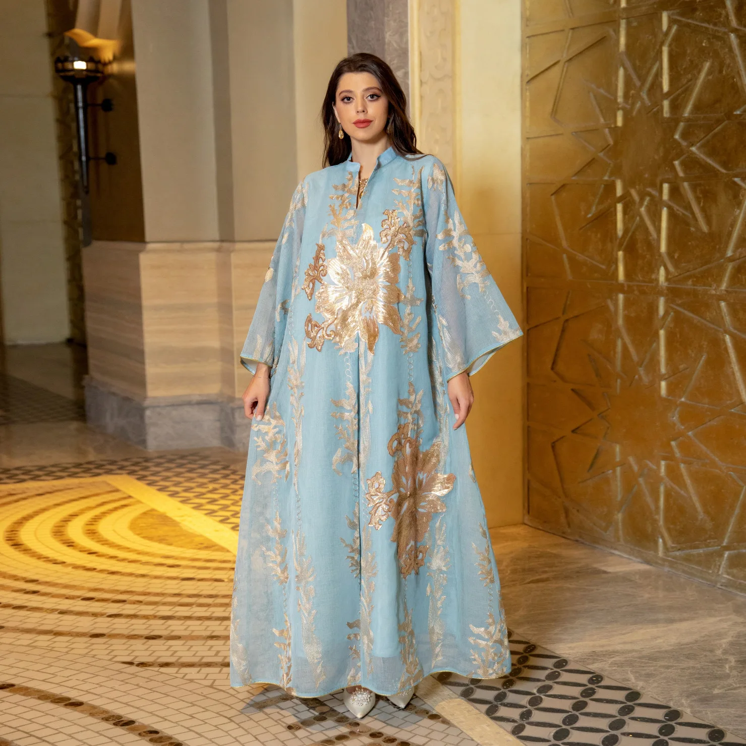 Arab Abaya Female Dubai Modest Casual Mesh Lace Insert Embroidery Notched V-Neck Full Sleeve Muslim Woman Long Dresses