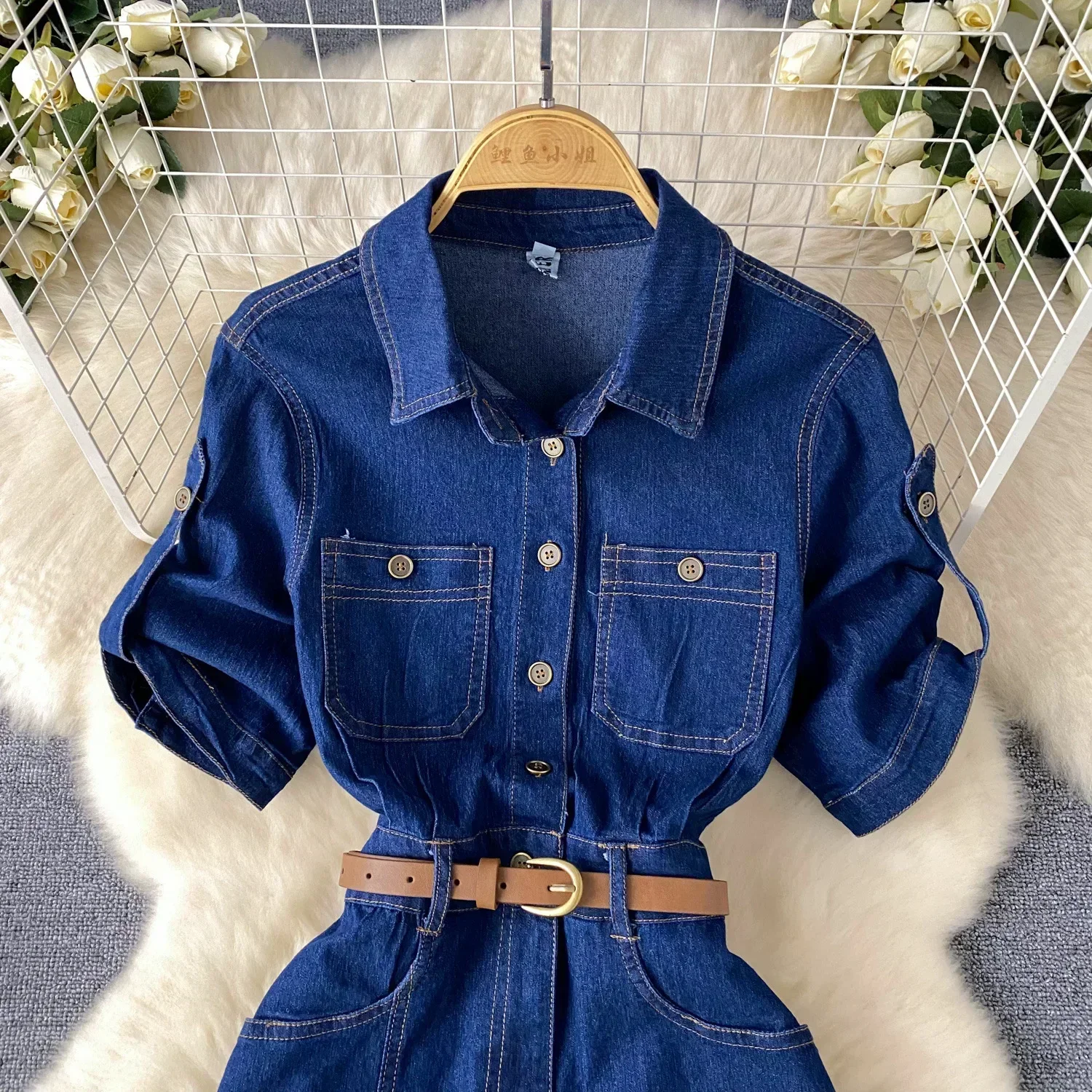 Robe en Denim pour Femme, Col Polo, Manches Courtes, Mi-Longue, Éducative, Taille Haute, Ceinture, Élégante, Streetwear, Été, Y2k