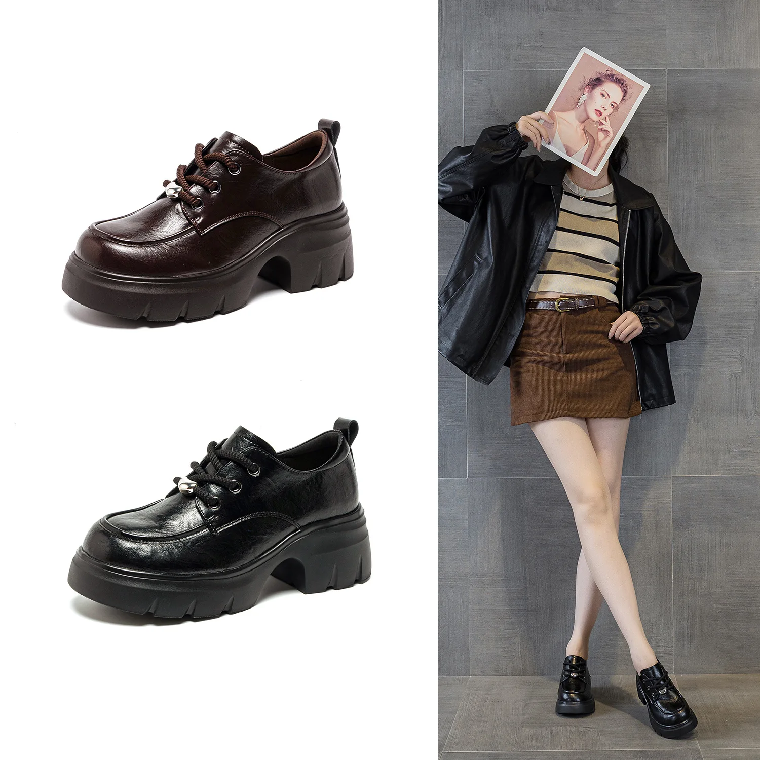 Vintage British Style Women Thick Platform Shoes Lace Up Chunky Block Heel Leather Derby Shoes Height Increasing Daily Footwear