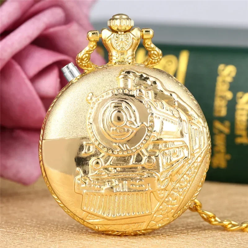 Bronze LED Light Clock Train Locomotive Men Women Quartz Analog Pocket Watch Arabic Numerals Display Pendant Chain Gift