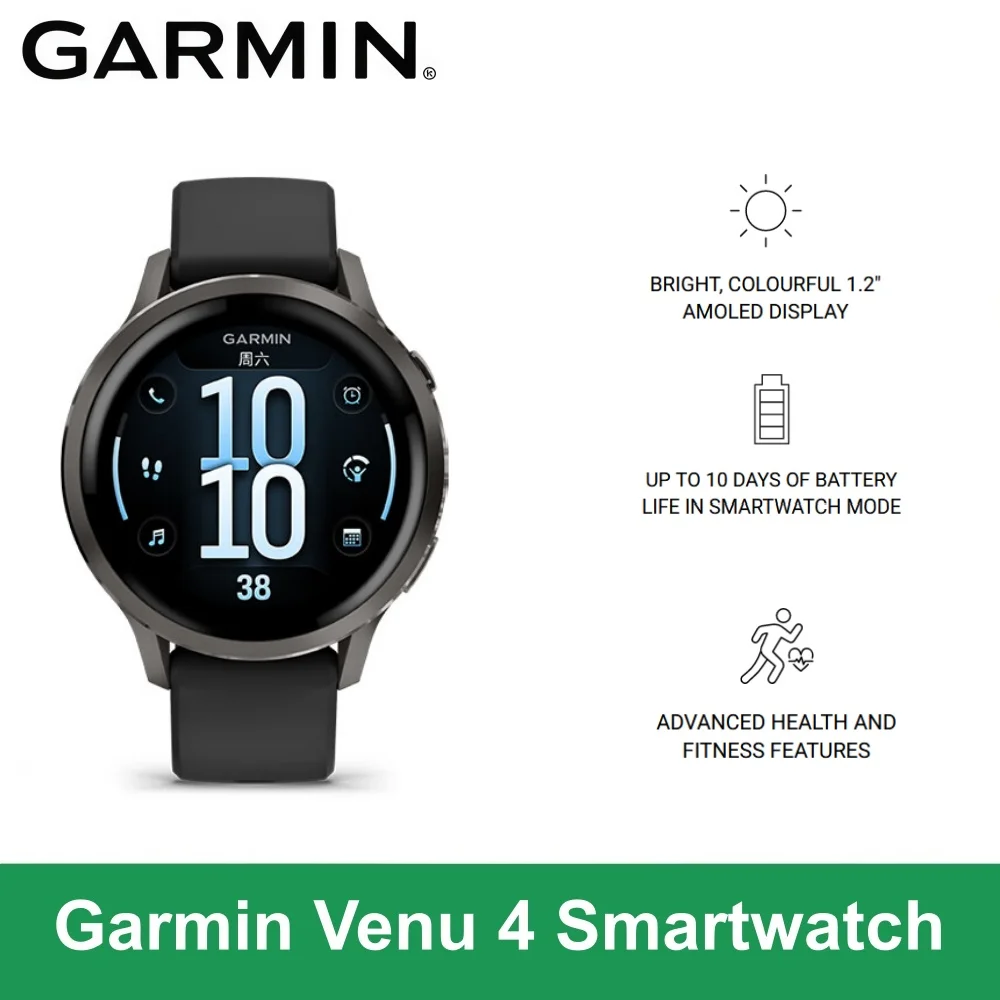 Garmin Venu 4 41mm GPS Smartwatch 1.2″ AMOLED Display 10 Days Battery Life 24/7 Health Monitoring 80 Preloaded Sports apps