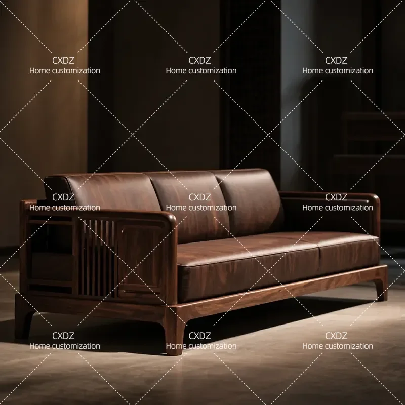 Solid Wood Sofa Straight Row Light Luxury Living Room Furniture 2025 New Modern Minimalist Small Apartment Household Couch