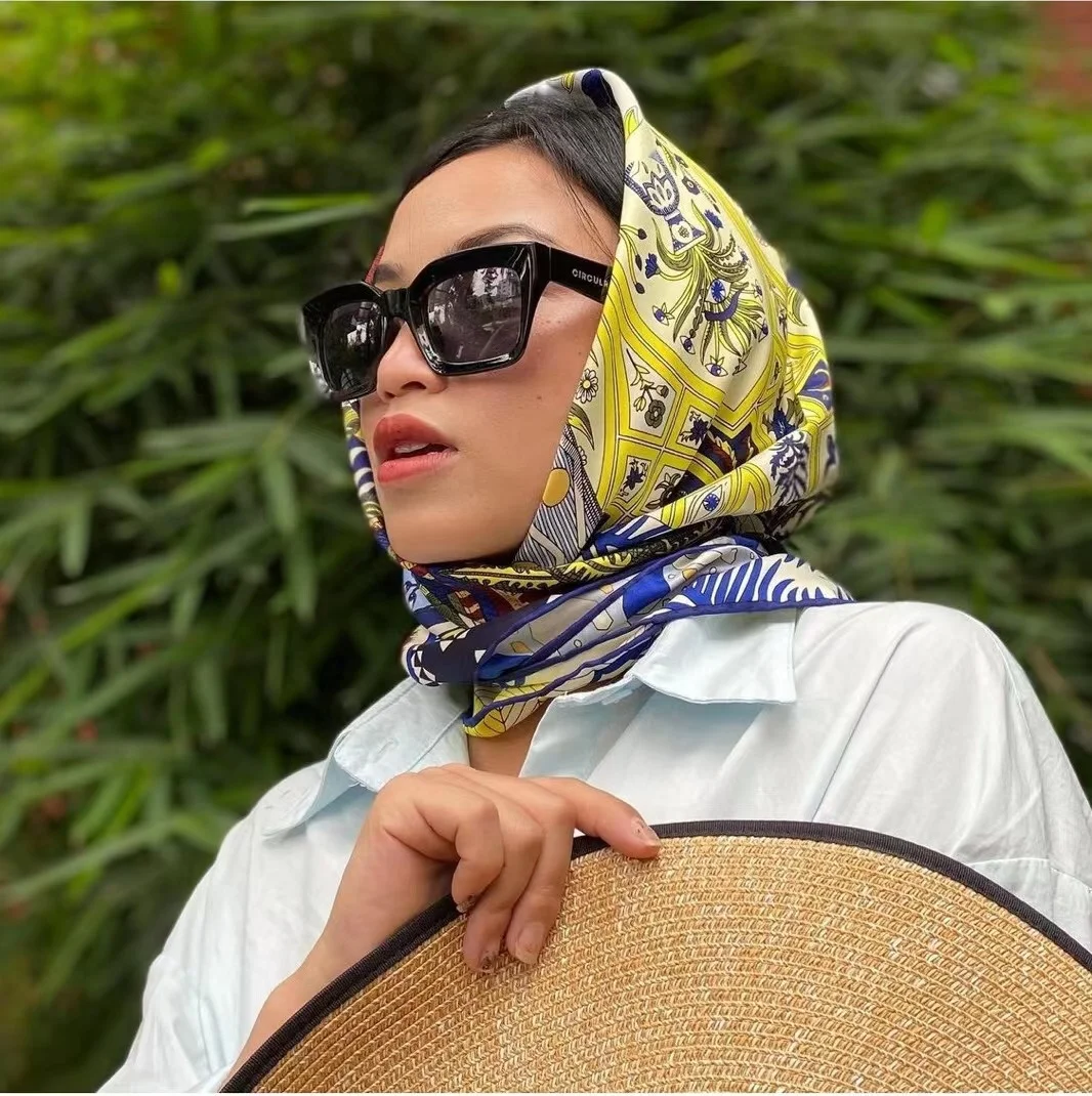 French Style 90cm Luxury 100% Twill Silk Brand Scarf Women Shawls Design Square Scarves Handmade Curled Hijab Fashion Bandana