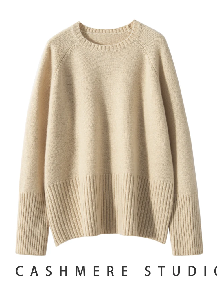 Women\'s 100% Cashmere Sweater Basic Casual Loose O-neck Pullover Knitwear Autumn Winter Thick Raglan Sleeve Cashmere Clothing