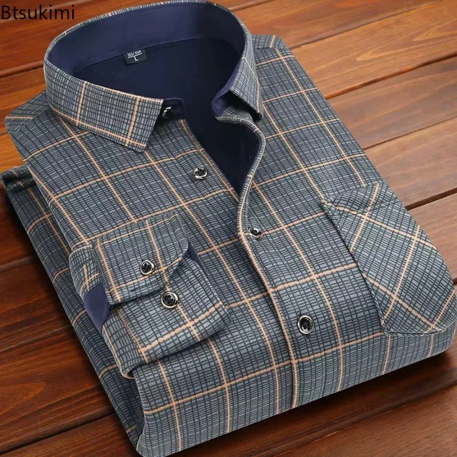 Autumn Winter Thicken Fleece Shirt for Men Casual Business Shirt Long Sleeve Warm Clothes Single Pocket Classic Check Shirt Male