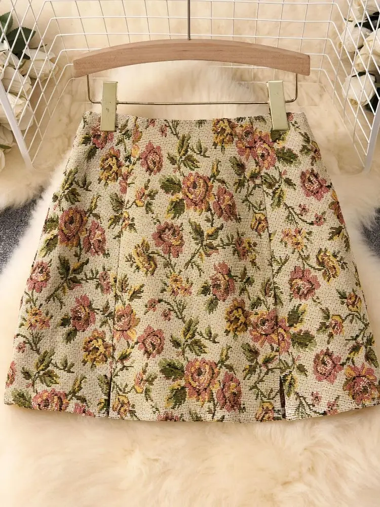 Dames Boheemse bloemenjacquard minirok met hoge taille en split - afbeelding 2