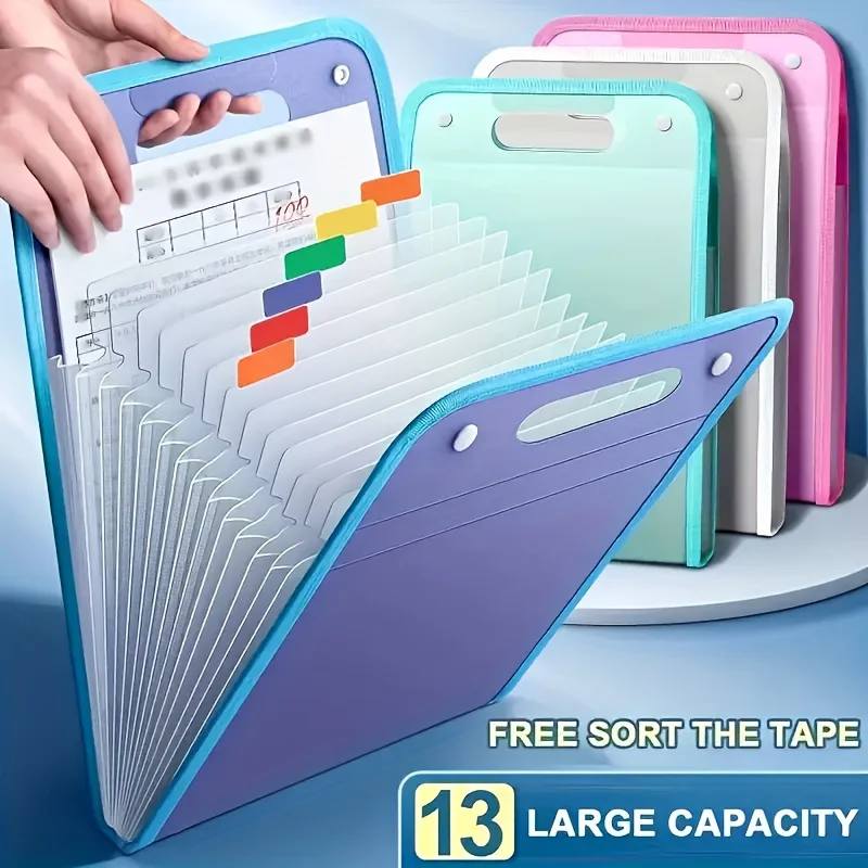 

1pc Sky Blue A4 Organizer Folder: Water-Resistant 13-Pocket File Manager with Portable Handle for Students & Professionals