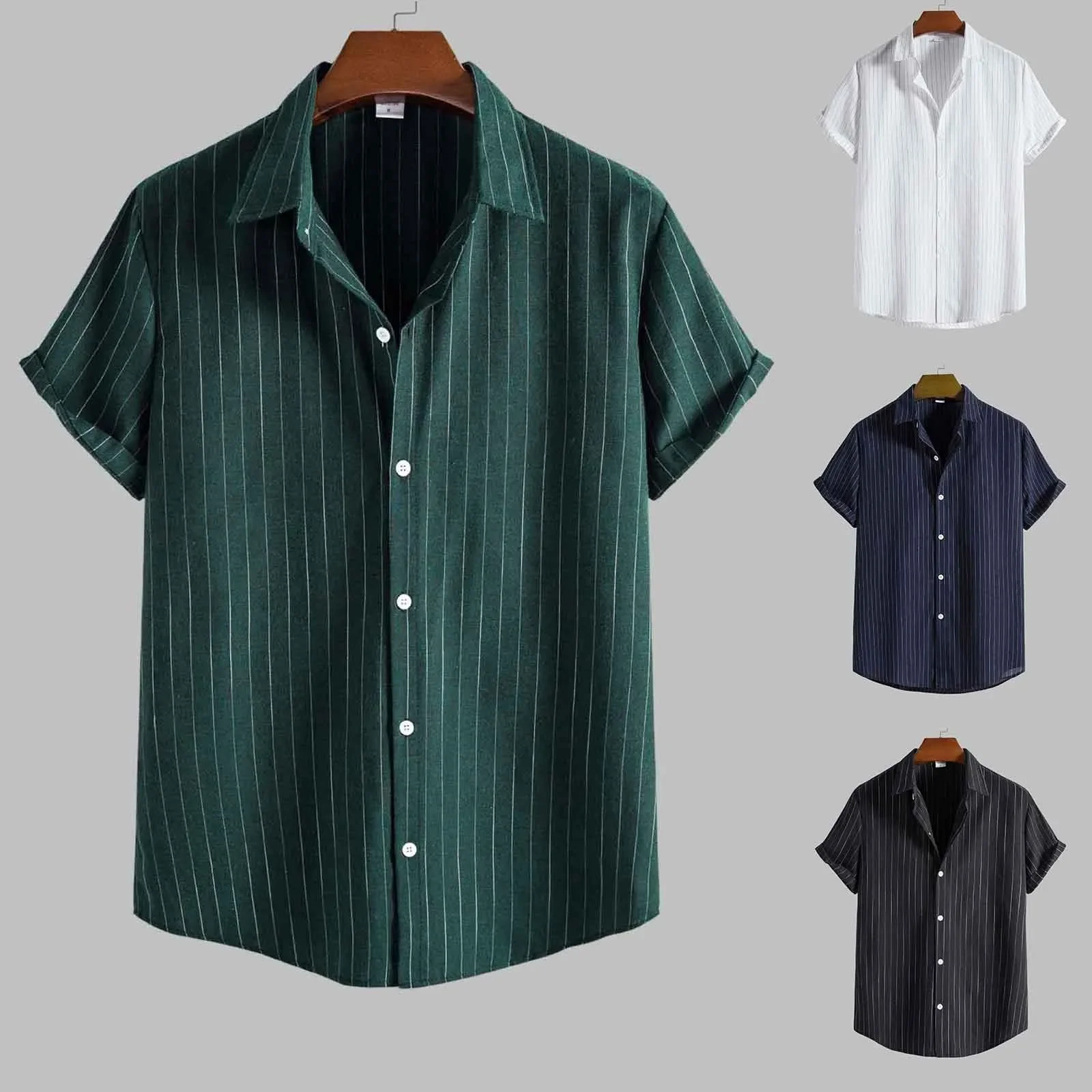Mens Fashionable Short Sleeved Shirts Casual Striped Stand Short Sleeved Shirts New Clothing Summer Streetwear