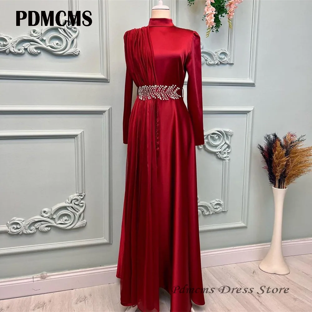 

SSYTENS Red Muslim Arabic Women Evening Dresses Modest High Neck Long Sleeves Ankle Length Silk Prom Gowns Wedding Party Simple