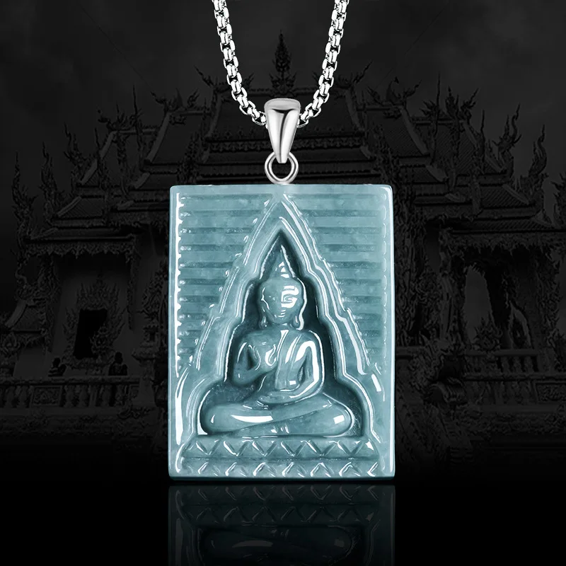 

Jia Le/ 925 Silver Inlay/ Natural Jade Blue Water Thai Buddha Necklace Pendant Men and Women Couple Fashion Amulet Patron Saint