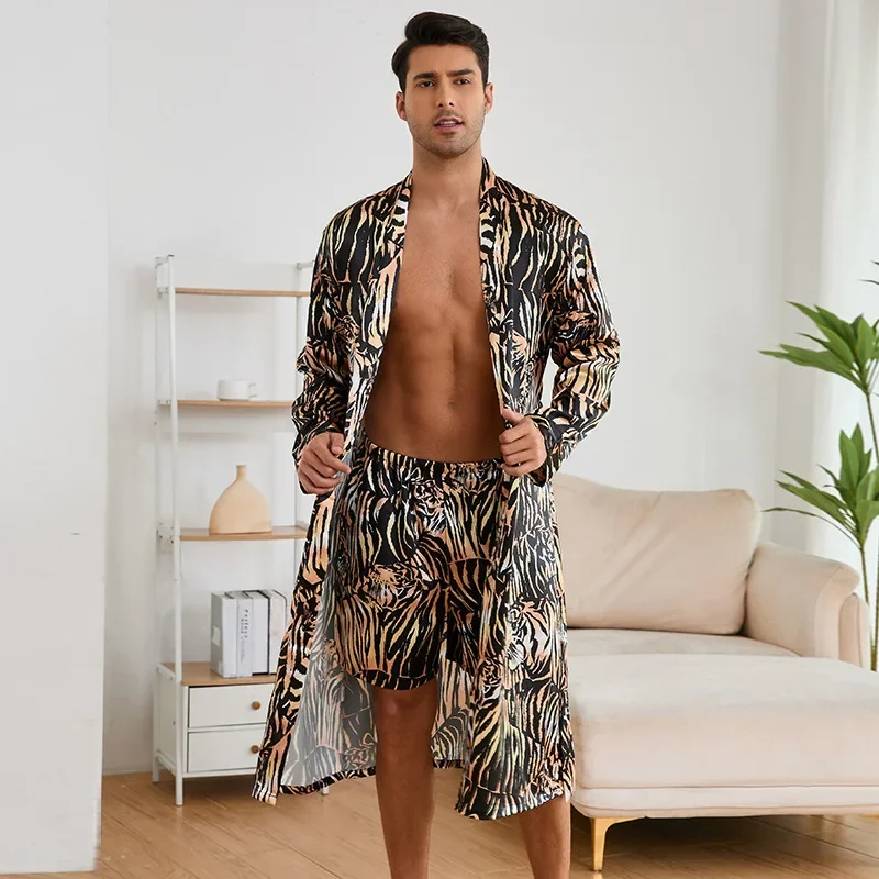 2025 Autumn New Men Homewear Fashion Tiger Print Loungewear 2Pcs Robe Set Shorts Male Satin Nightwear Casual Home Clothes