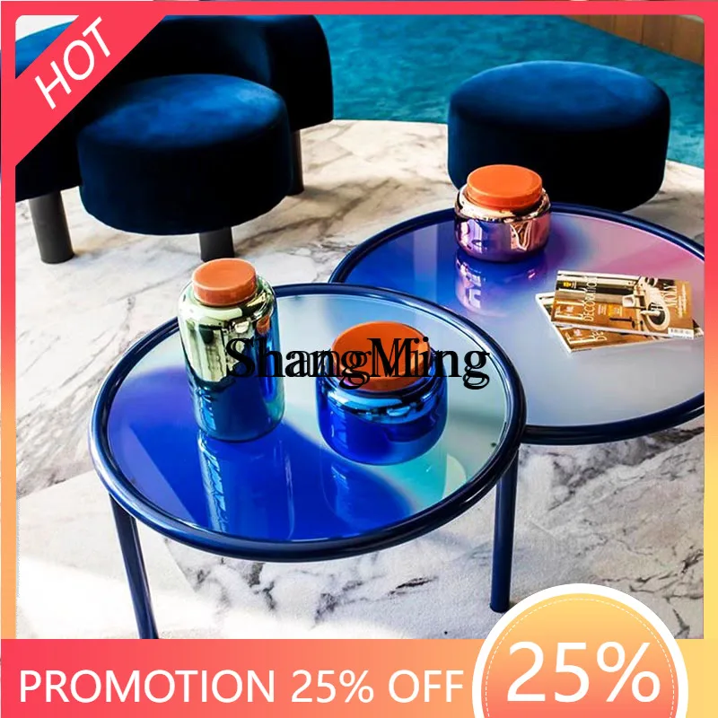 

FG good-looking Tempered Glass Coffee Table Light Luxury High-End Artist Home Sunset Round Table Color Gradient Tea Table