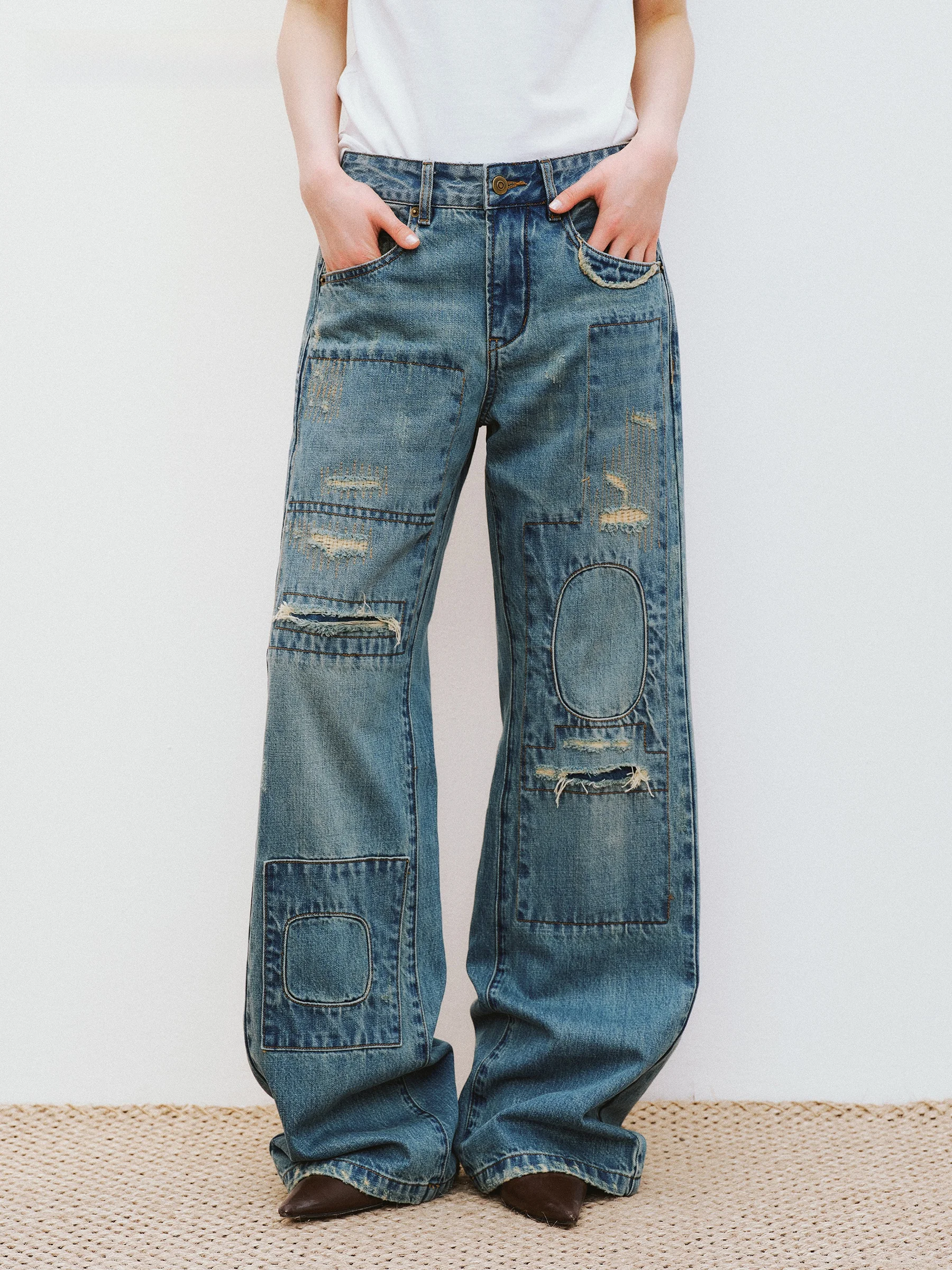 

VERMO Retro Remake Denim Jeans mid Low Waist Distressed Straight Leg Cotton Jeans Patched Vintage Washed Neutral Style