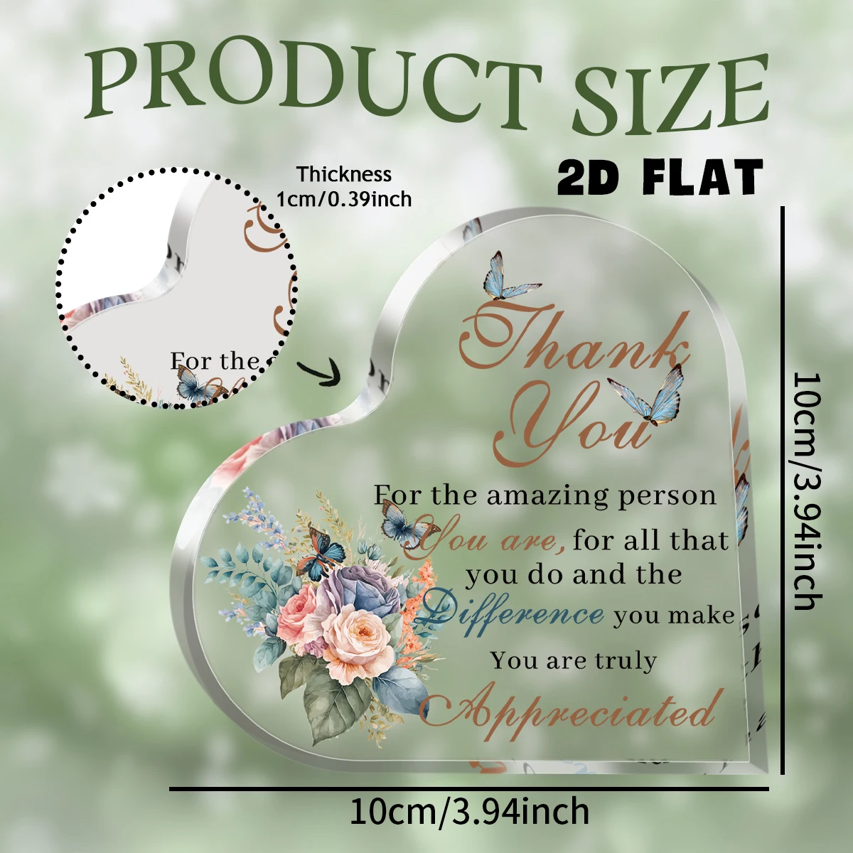 1 قطعة الاكريليك القلب شكرا لك تسجيل البلاك ديكور مع تصميم فراشة الأزهار ، هدية للمكتب/المنزل التقدير زخرفة زخرفة مكتب ديكور