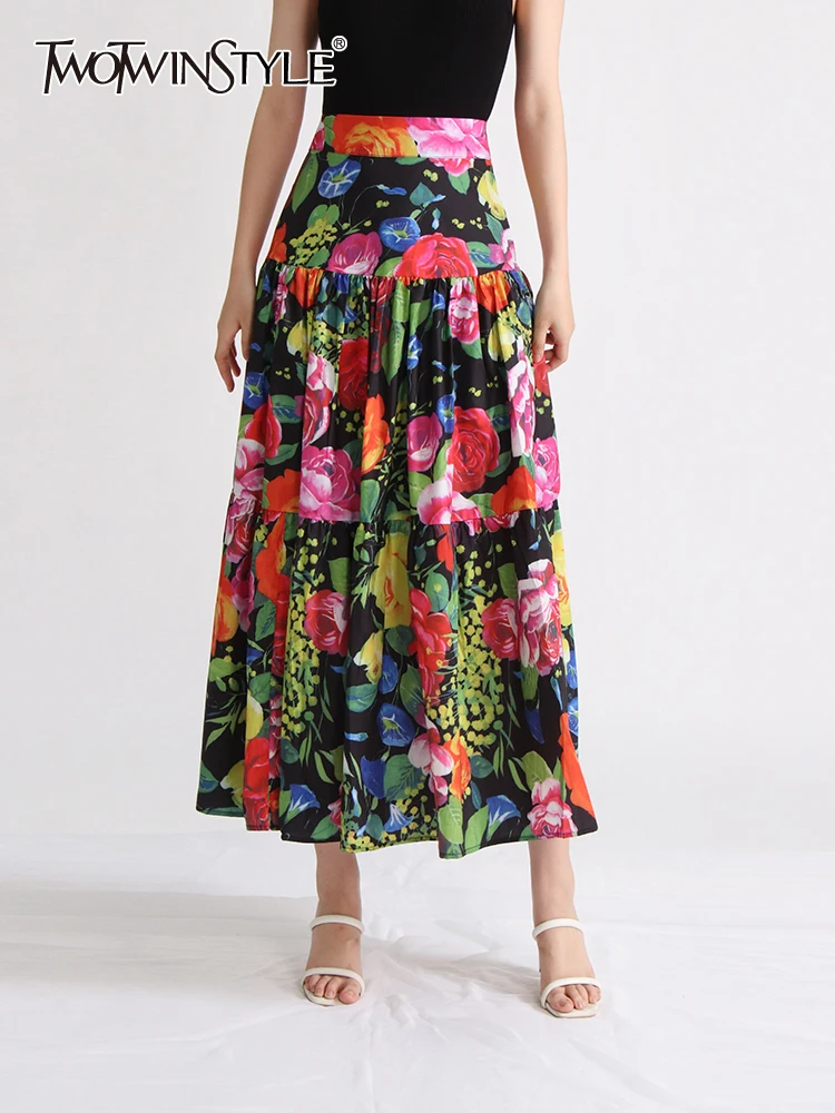 

TWOTWINSTYLE Hit Color Skirts For Women High Waist Casual Loose A Line Summer Elegant Skirt Female Fashion Style Clothing 2023