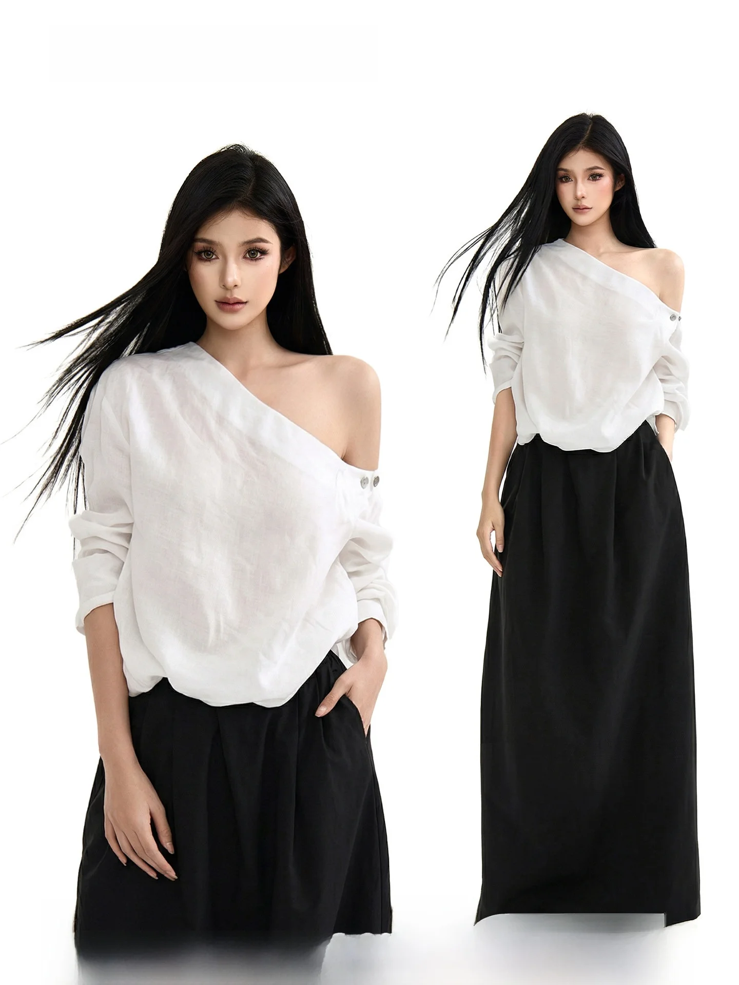 

Белая асимметричная футболка с длинным рукавом, свободного кроя, женская, летняя, в стиле Spicy Girl, повседневная, однотонная, дышащая