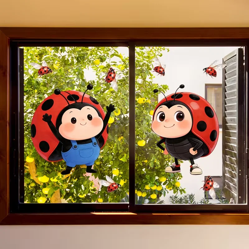 2 pegatinas decorativas autoadhesivas con diseño de mariquita para pared y ventana, adecuadas para puertas, habitaciones infantiles, sala de estar, balcón