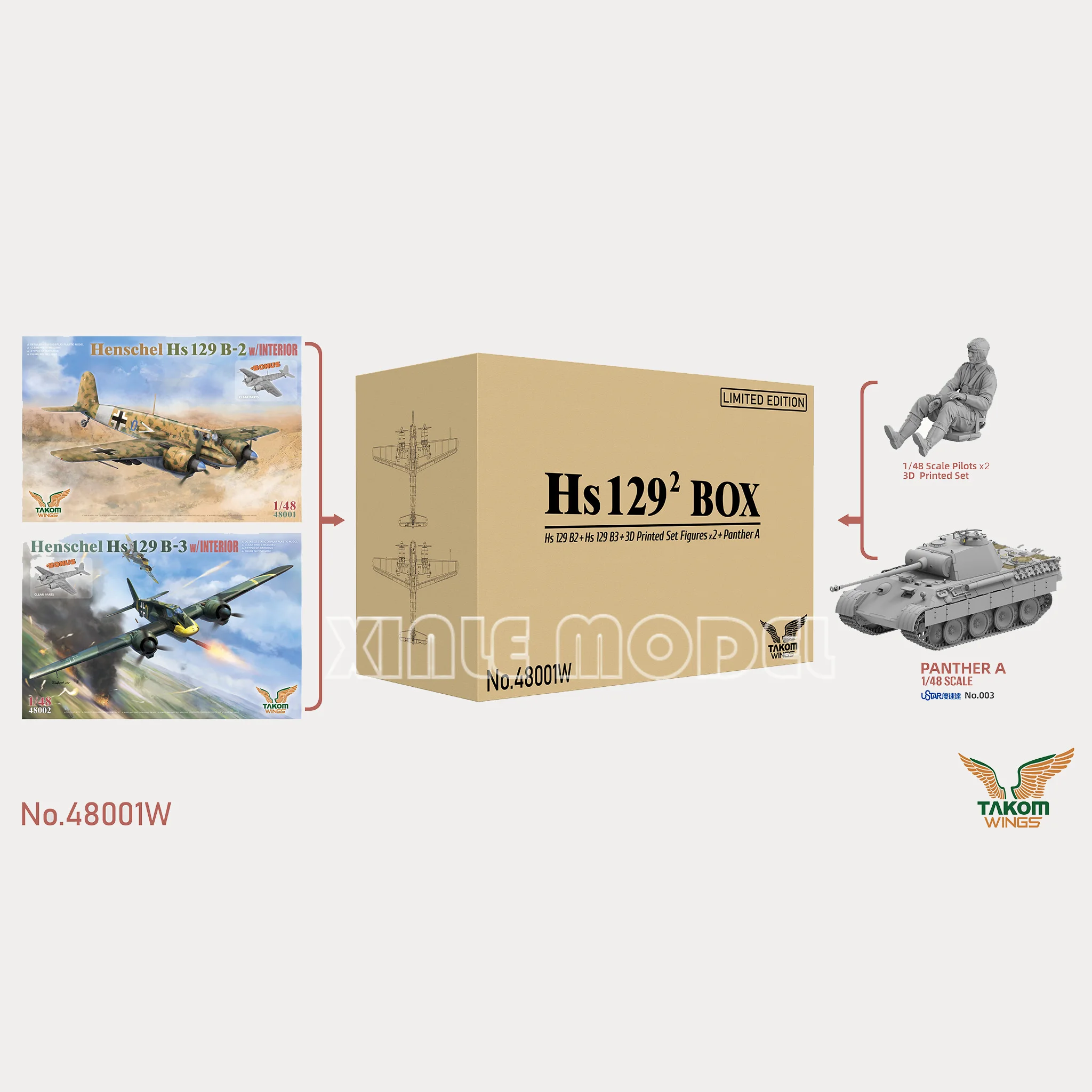 TAKOM Plastic Assembled Model Kit 48001W Hs129 ² Box Hs 129 B2 + Hs 129 B3 + 3d Printed Set Figures x2 + Panther A 1/48
