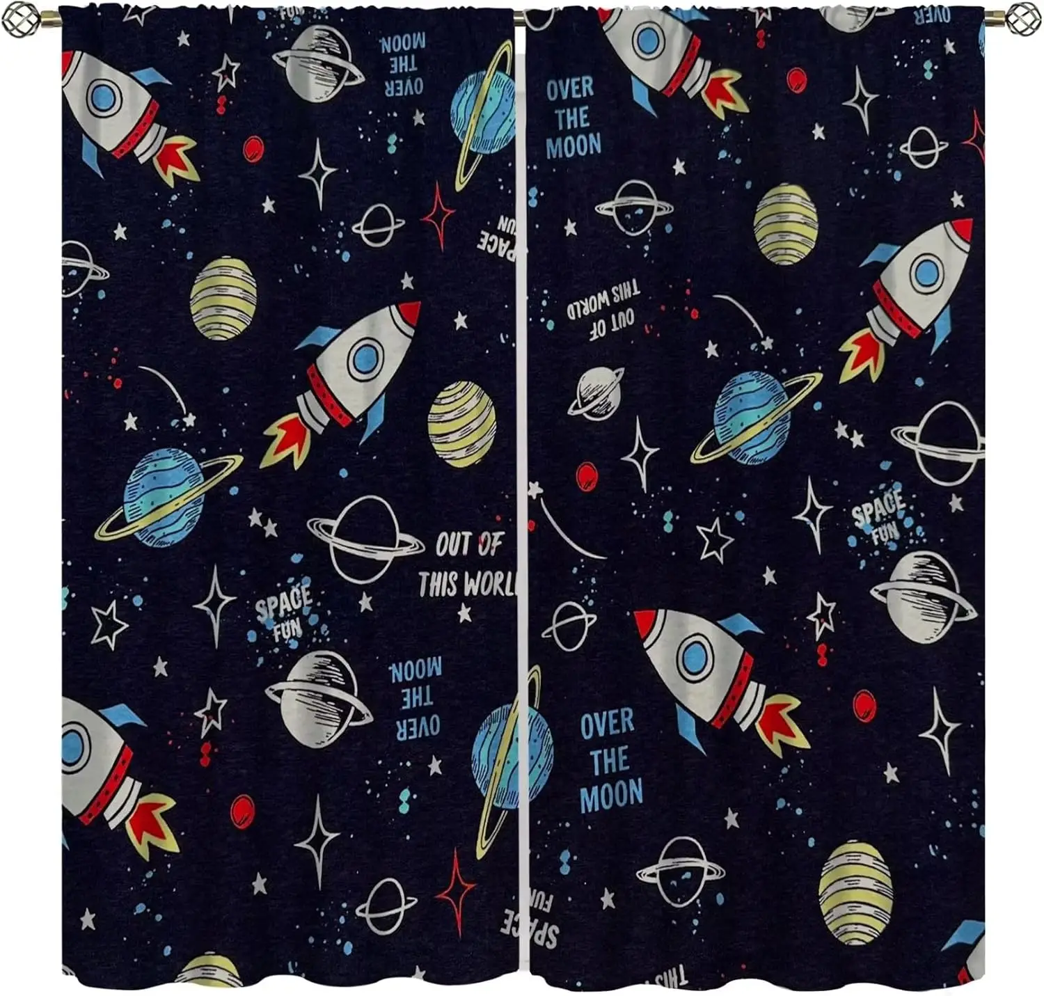 Boys Galaxy Space Curtain Cute Rocket Saturn Star Dark Blue Background Light Blocking Drape For Villa Dorm Resort Kid Room Decor