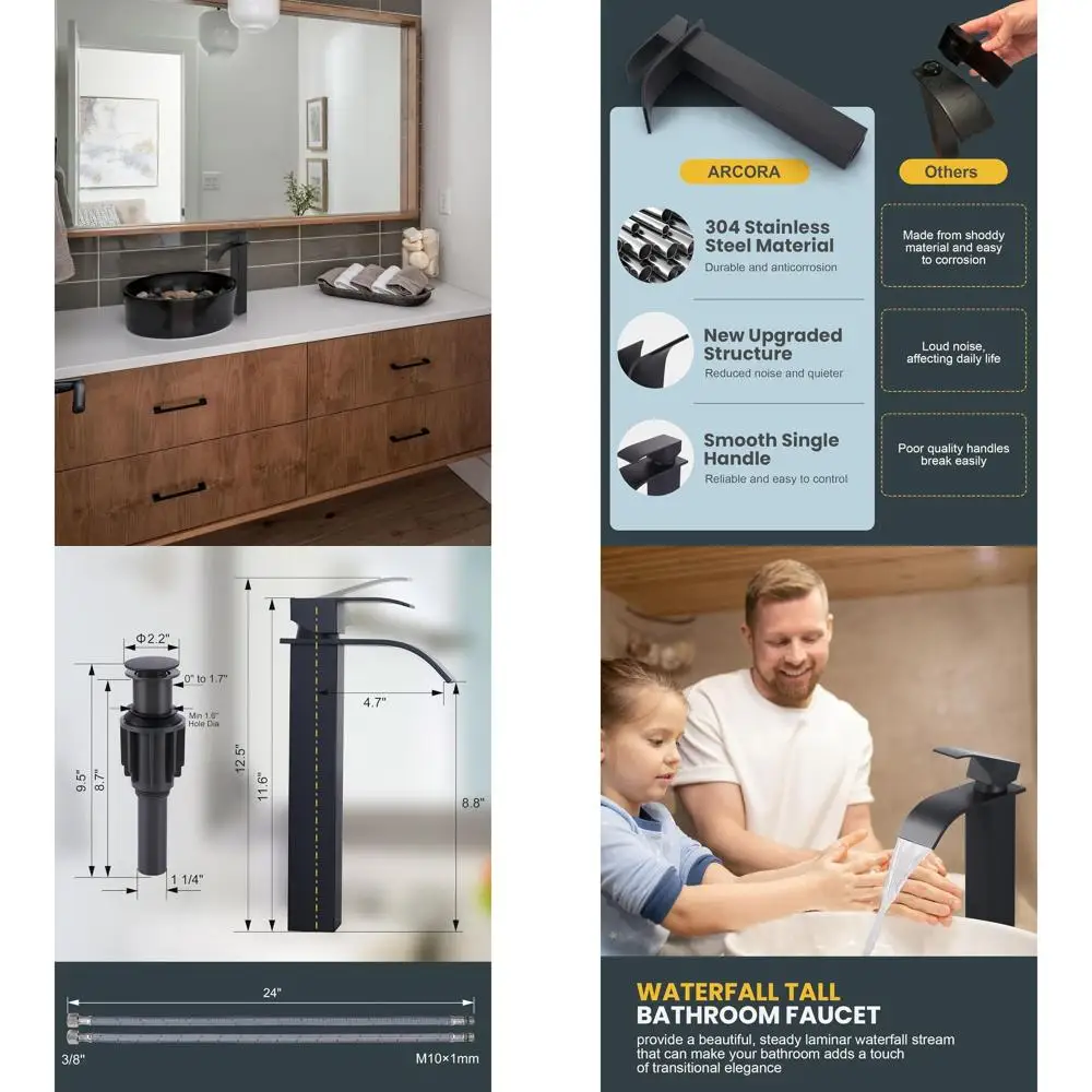 

Matte Black Single Hole Tall Bathroom Faucet with Single Handle, Waterfall Design, Pop-Up Drain, and cUPC Supply Lines