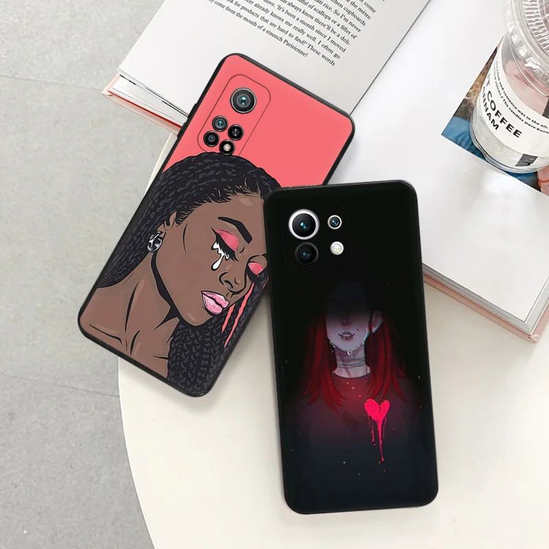 Soft Case for Redmi Note 11 11S 10 Lite 10S 12 12s Note11 Pro 5G 9 9T 8 8T 7 9S Crying Sad Girl Cartoon Black Phone Cases Cover