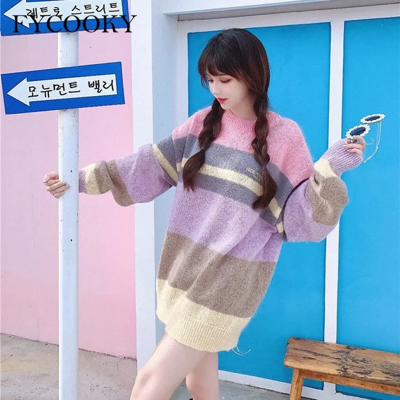 2021 New Sweet Rainbow Striped Sweater Women Bear Outwear Oversized Sweater Korean Loose O-neck Long Sleeve Knitted Pullovers