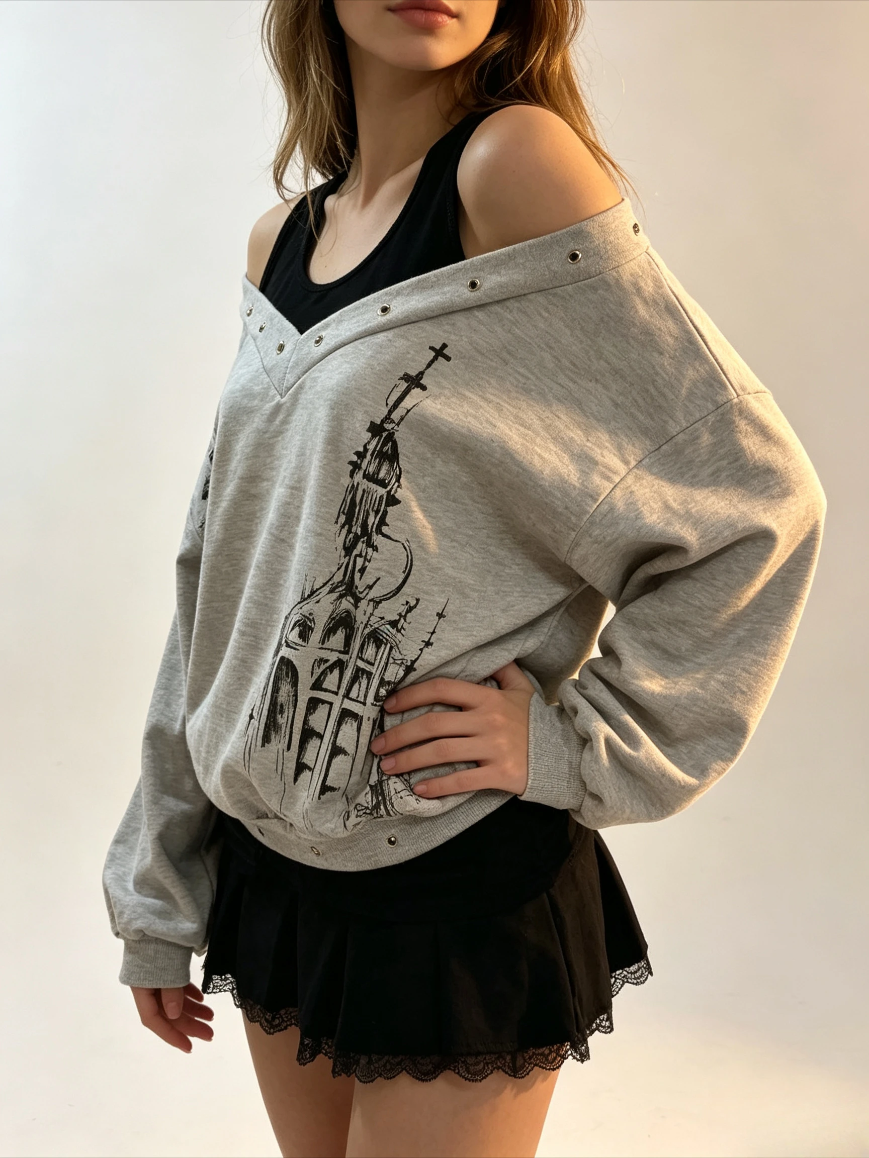 Grey Cross Castle Graphic Fake Two Piece Sweatshirt Off Shoulder Design Long Sleeve Loose Dark Style Casual  Street Pullover Top