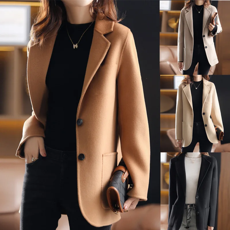 

Women's Elegant Woolen Blazer Coat Causal Lapel Pockets Single Breasted Coats Autumn Winter Fashion Commut Lady Outwear