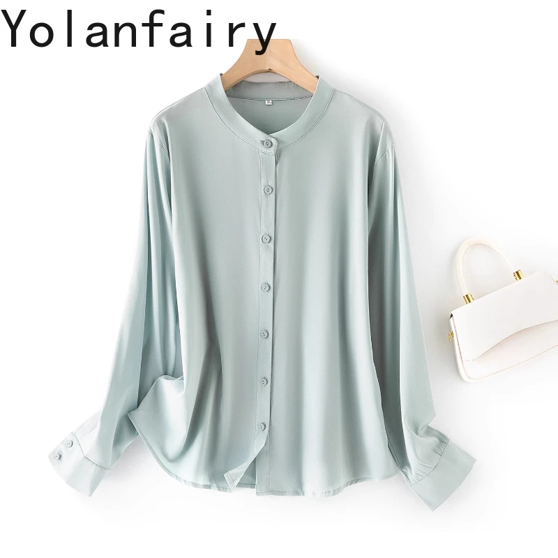 

YOLANFAIRY 93%Real Mulberry Silk Button Up Shirts Woman Elegant Long Sleeve Shirt High-end Light Blue Shirt Fashion Shirts Dames