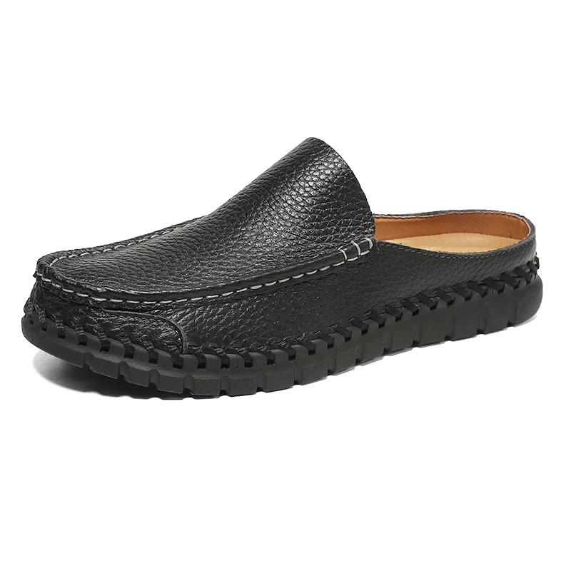 Men's Genuine Leather Backless Mules Loafers Hand Stitch Slip on Closed Toe Slide Shoes Comfort Walking Driving Clogs for Daily