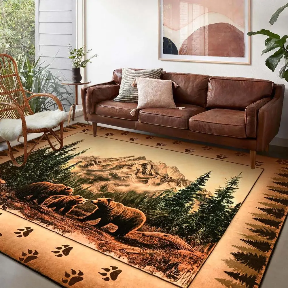 

5x7 Farmhouse Lodge Area Rug, Bear Moose Deer Design, Washable Non-Slip, Soft Faux Wool, Country Wildlife Rug for Living Room, B