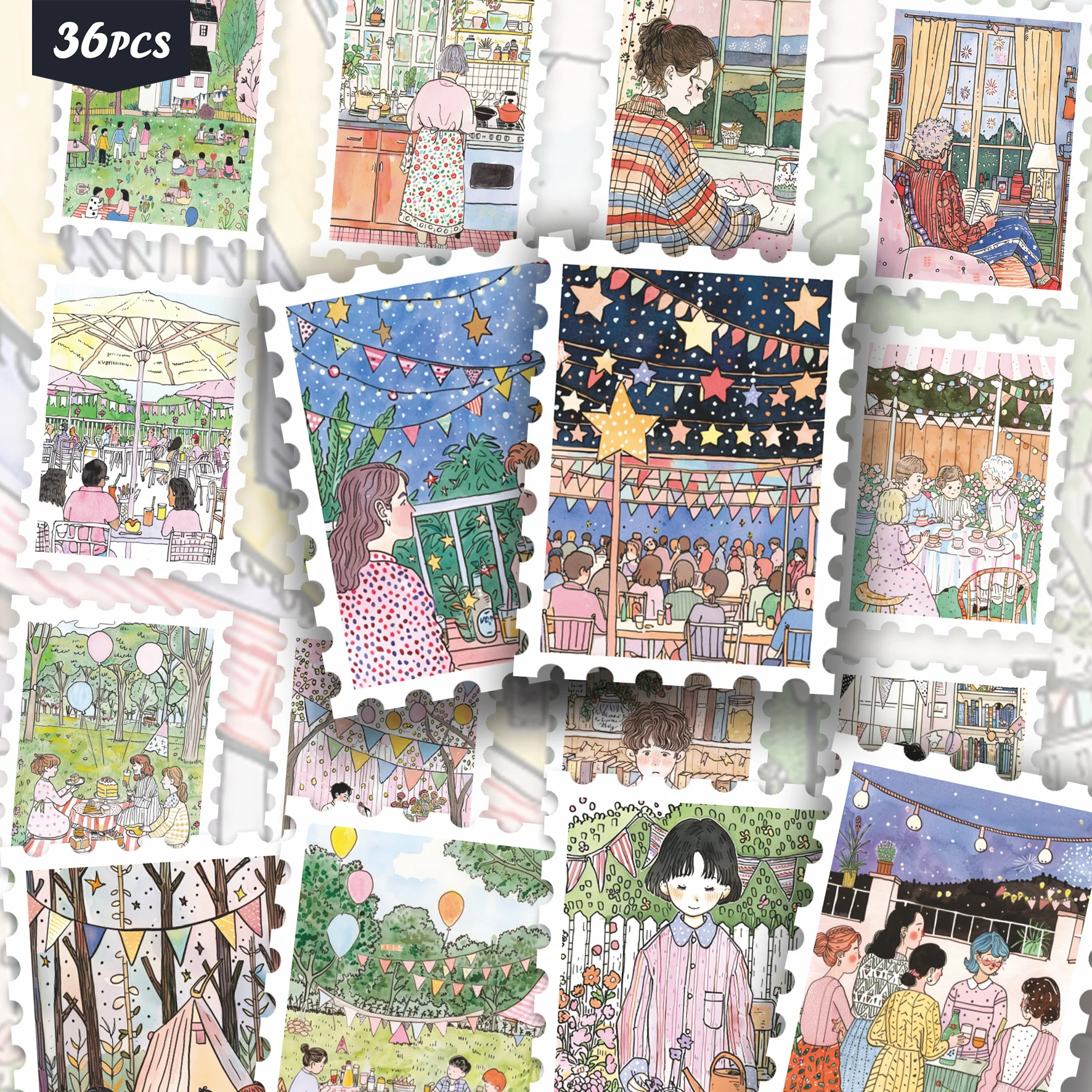 36PCS Hand‑drawn Daily Life Stickers, outdoor picnic & indoor leisure designs, nice soft aesthetic, ideal for tumblers, for pads