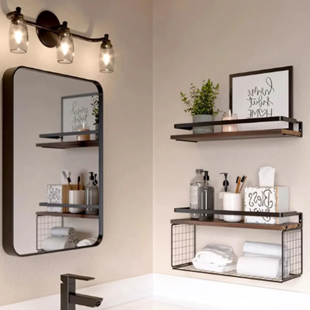 Wall Mounted Shelves With Storage Basket Multifunctional Floating Rack For Living Room Nursery Bathroom Bedroom