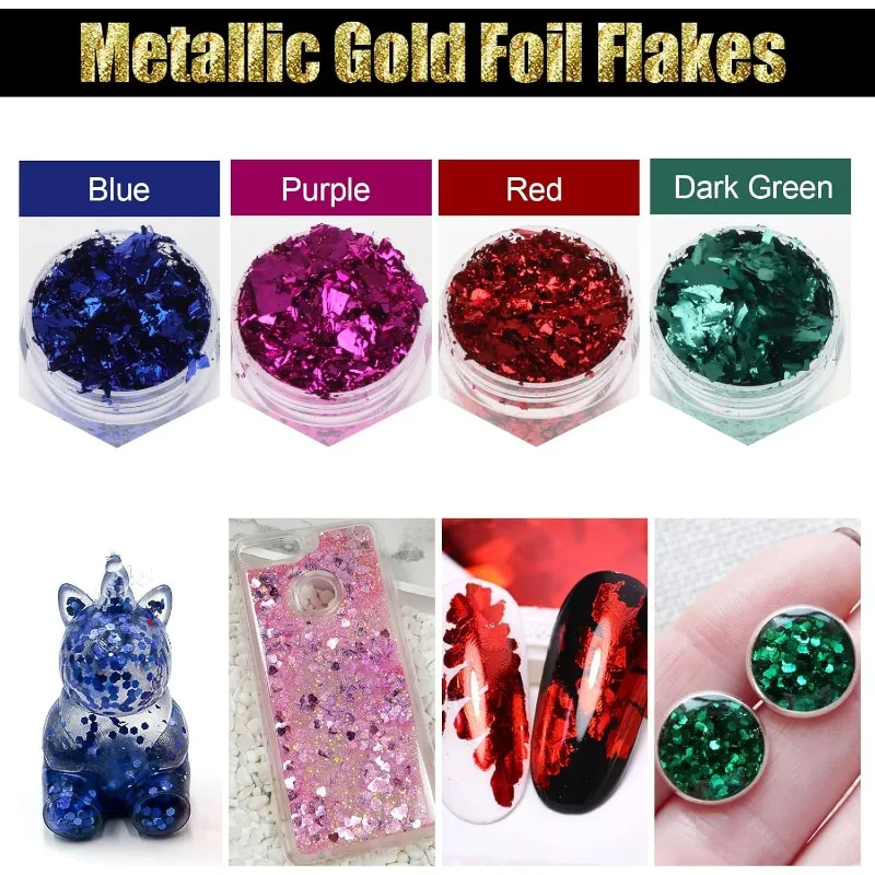 رقائق رقائق الذهب، رقائق التذهيب 20 لونًا، رقائق رقائق معدنية، رقائق رقائق الذهب المقلدة مع ملاقط للراتنج، فن الأظافر