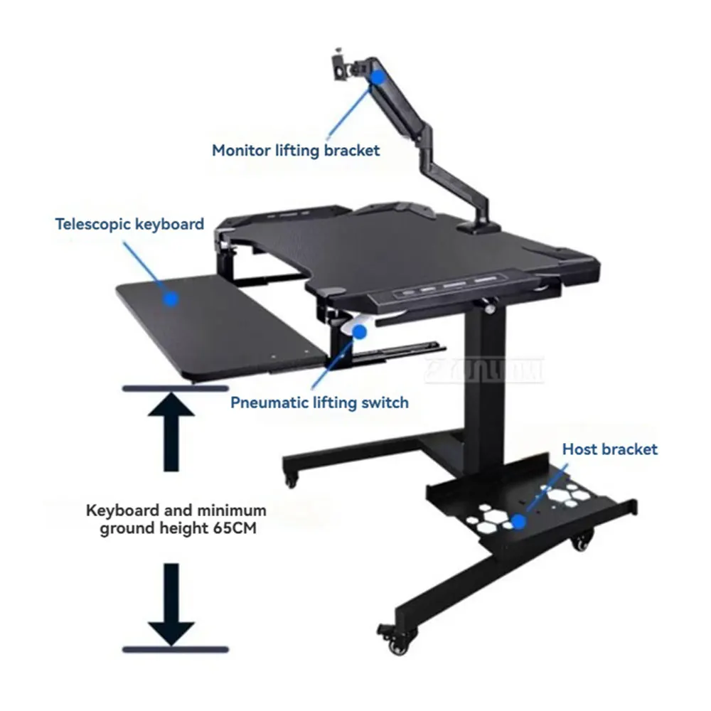 E-sports lifting table, lifting gaming table, learning desk, adjustable and movable computer desk, pneumatic lifting