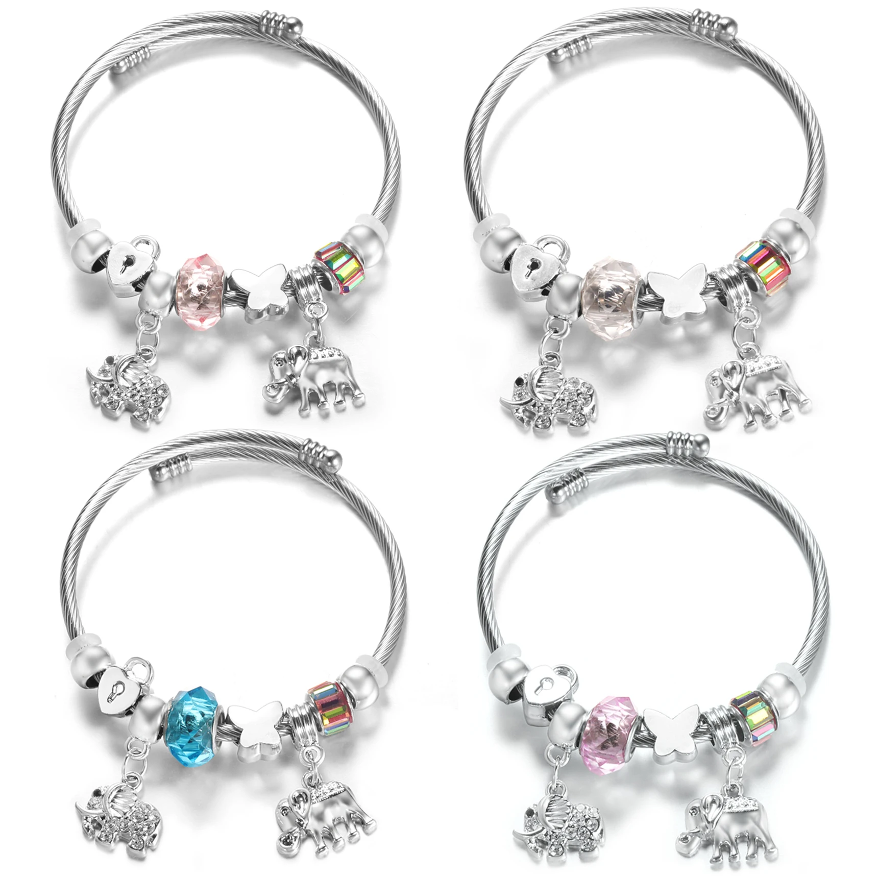 2024 Trendy 4 Colors Rhinestone Elephant Beaded Bracelet Closure Adjustable Bangles Stainless Steel Women Wrist Bracelet Jewelry