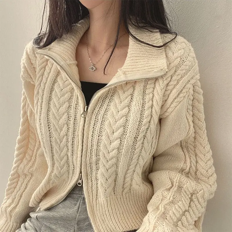 

Fashion Knit Short Coat Long Sleeve Zipper Sweater Casual Women Cardigan Vintage Winter Korean Chic Elegant 2025 Lady Trend Top