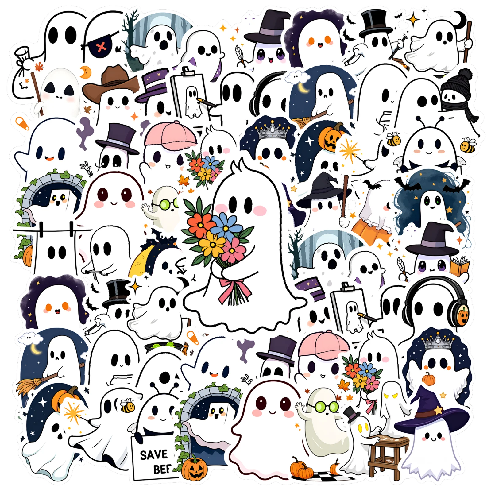 35pcs-50pcs Spooky Cute Stickers Cartoon Ghost Stickers Funny Stickers For Suitcase Fridge Phone Luggage Laptop Guitar