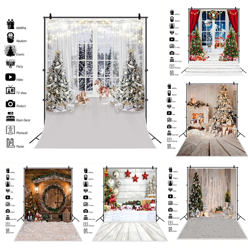 Christmas Backdrop Xmas Tree Fireplace Wood Floor Winter Window Santa Claus Gifts Family Party Kids Photography Background Decor