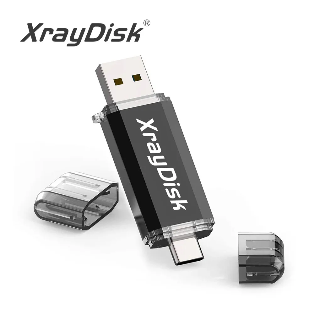 Xraydisk Usb C نوع C فلاش حملة 32 جيجابايت 64 جيجابايت 128 جيجابايت 256 جيجابايت 2 في 1 Otg USB 3.0 محرك أقراص على شكل إبهام ذاكرة عصا مع بيانات التخزين الخارجية