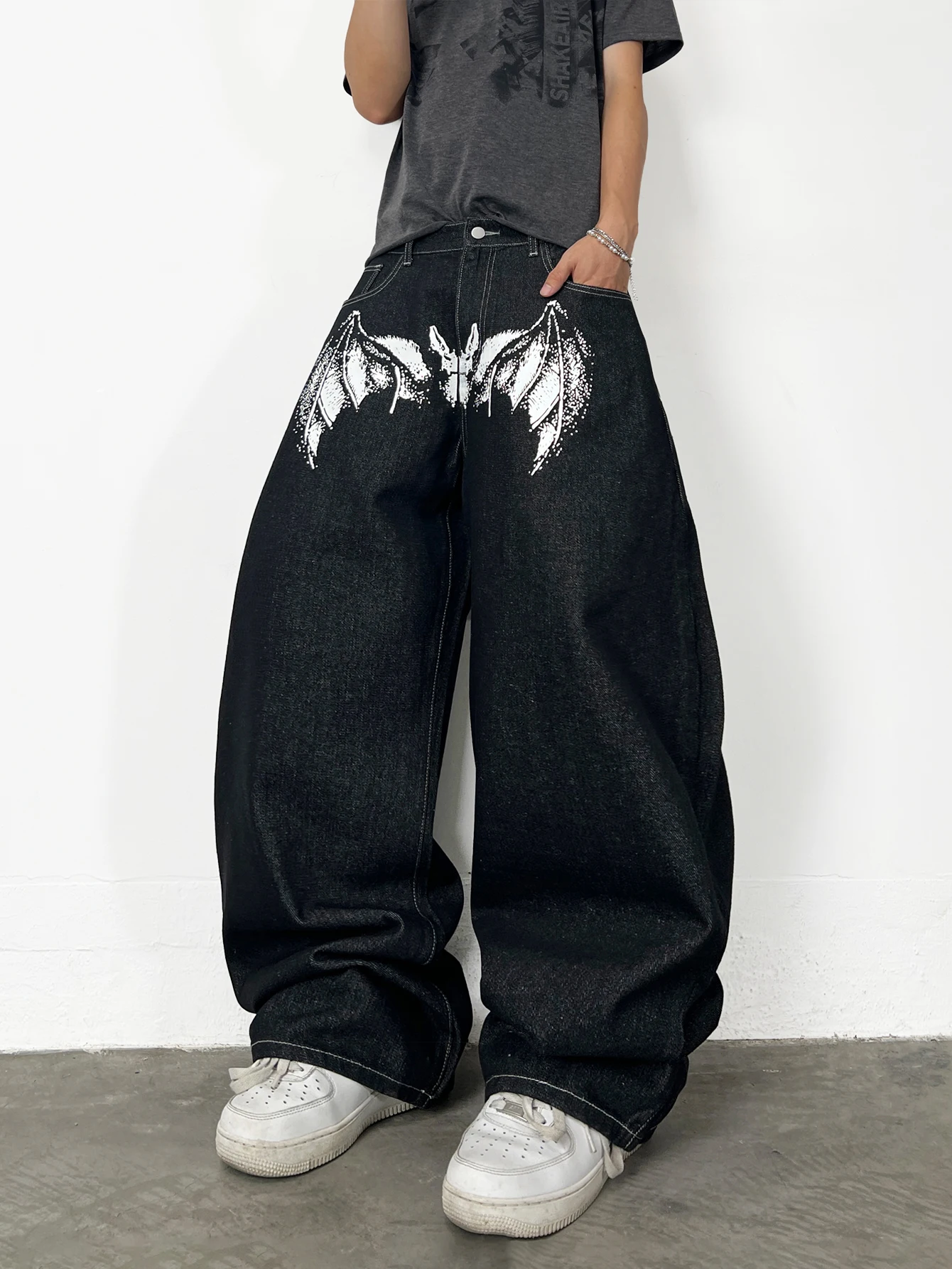 Men's Jeans Retro Black Baggy Wide Pants, Cute Printed Men's Denim Trousers, Trendy Y2K Casual Pants, Suitable For All Seasons.