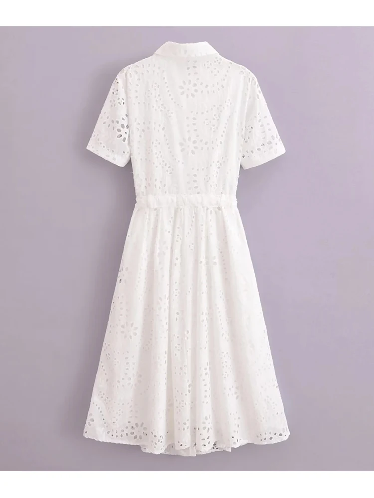 Senhora elegante verão escavar vestido longo branco estampado com blet, estilo de camisa da moda, manga curta, vestidos soltos retos