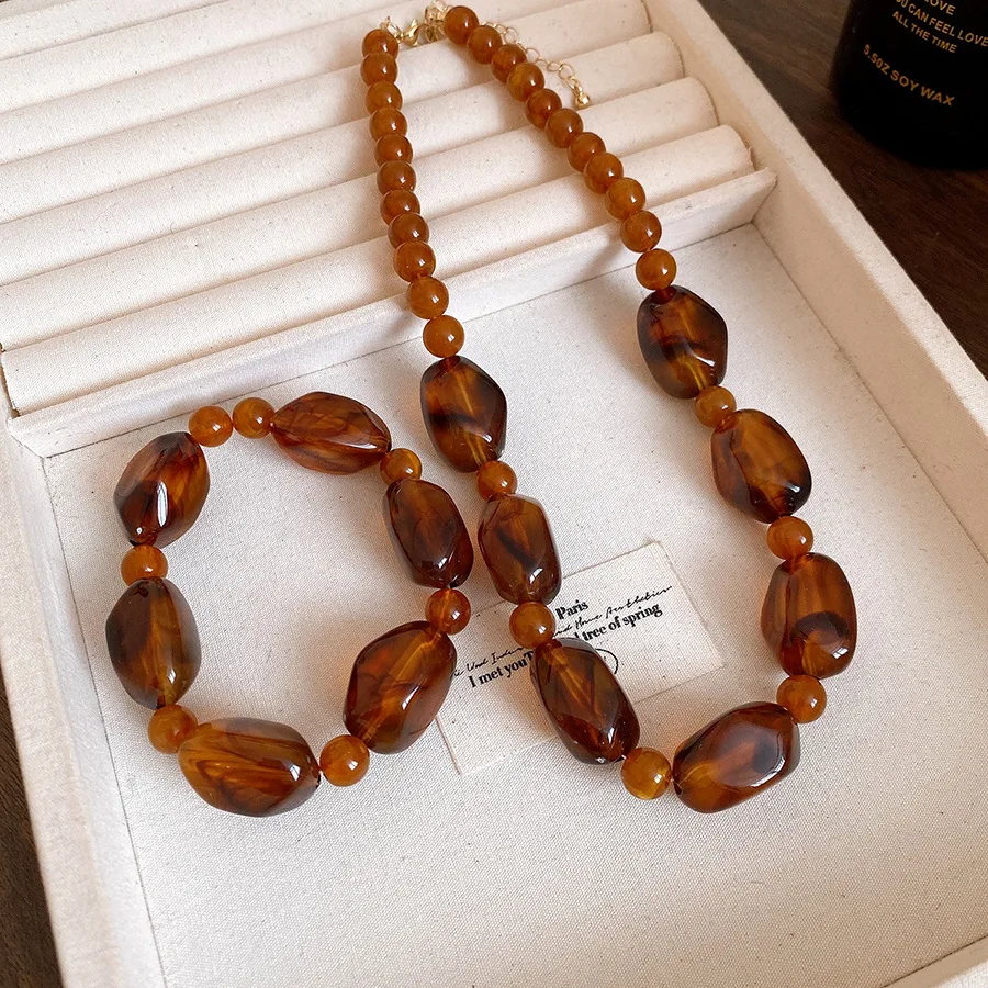 Amber Color Irregular Acrylic Beads Chokers Necklaces Set