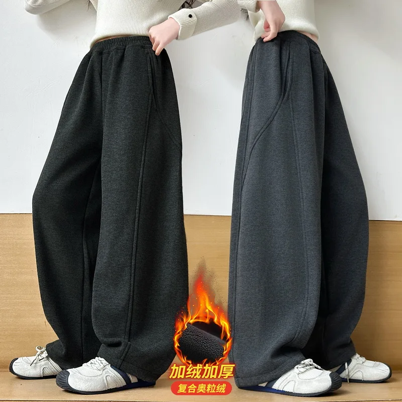 سميكة الصوف الأطفال السراويل المنحنية الخريف الشتاء فضفاضة تناسب Sweatpants للفتيات المتكاملة المخملية بنطلون للأطفال 2026
