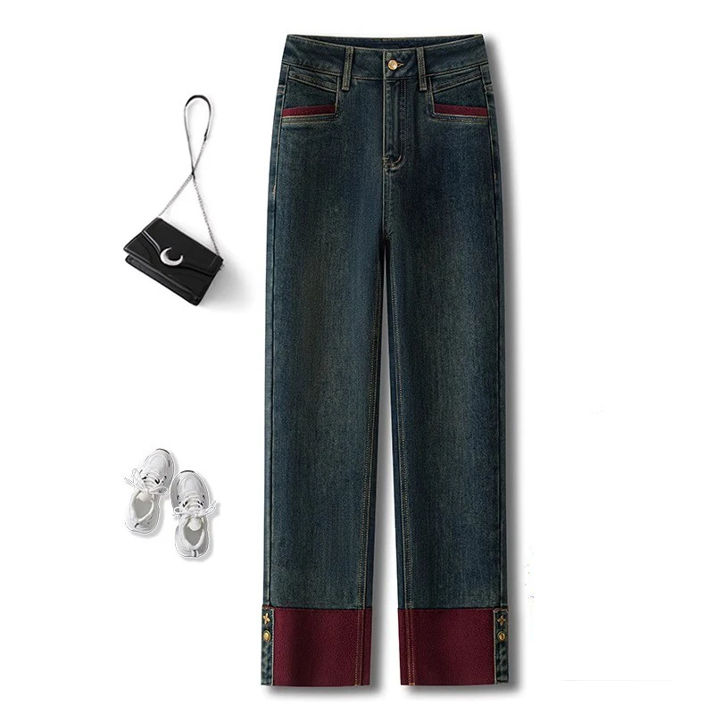 

High Waist Straight Leg Denim Jeans Women's Autumn Winter New Design Ankara Red Slim Fit Nine Point Narrow Version