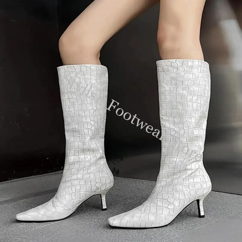 Sexy Kitten Heels Grey White Black Stone Leather Knee Boots Square Toe 7 cm Heel Women Slip On Tube Boots