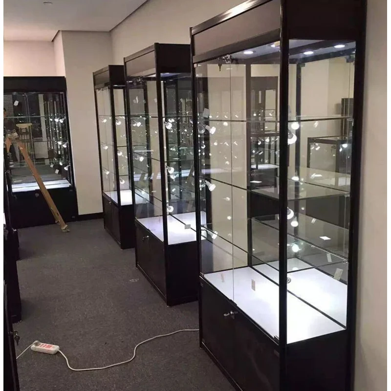 Benutzer definierte, LED-Licht Display Vitrine maßge schneiderte Display-Racks und steht für Shop Aluminium Glas Vitrine zum Verkauf