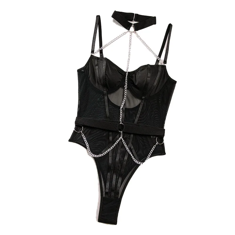 

High-Quality Sexy Bodysuit Summer Metal Chain Sling Backless Fun Onesie Female See-Through Mesh Underwire Women Lingerie Set
