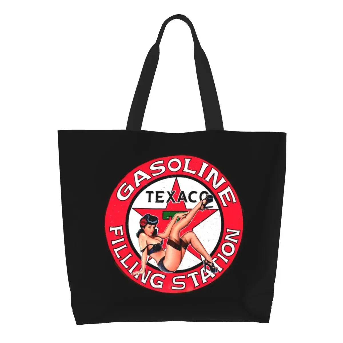 Vintage Texaco Gasoline Sign Groceries Shopping Bags Funny Print Canvas Shopper Shoulder Tote Bag Large Capacity Durable Handbag